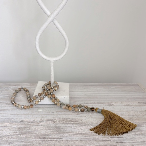 Handmade Beaded Necklace with Mustard Tassel - Picture 4 of 7